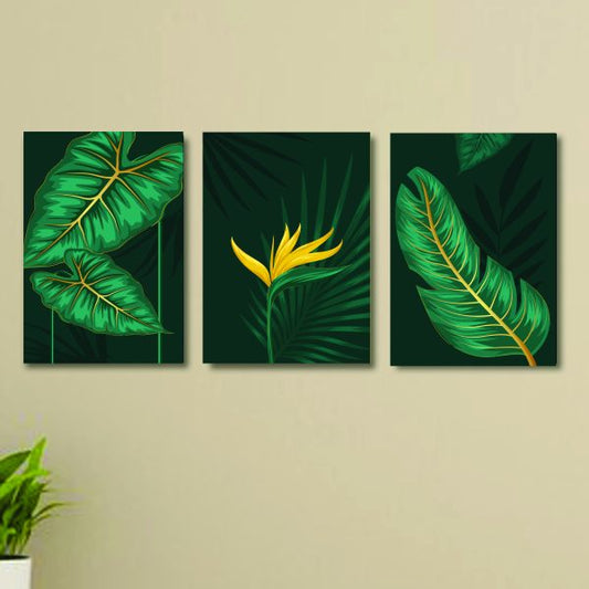 Set of 3 green flower wooden wall art frames with sticky photo tiles for home decoration