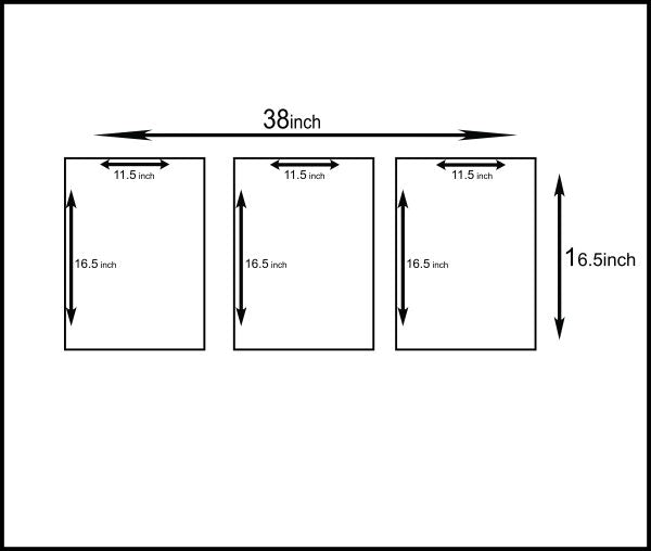Diagram showing dimensions of three rectangular items with total width of 38 inches.