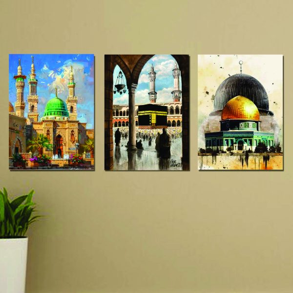 Set of 3 Islamic wall frames featuring Khana Kaaba, Masjid-e-Nabwi & Al Aqsa