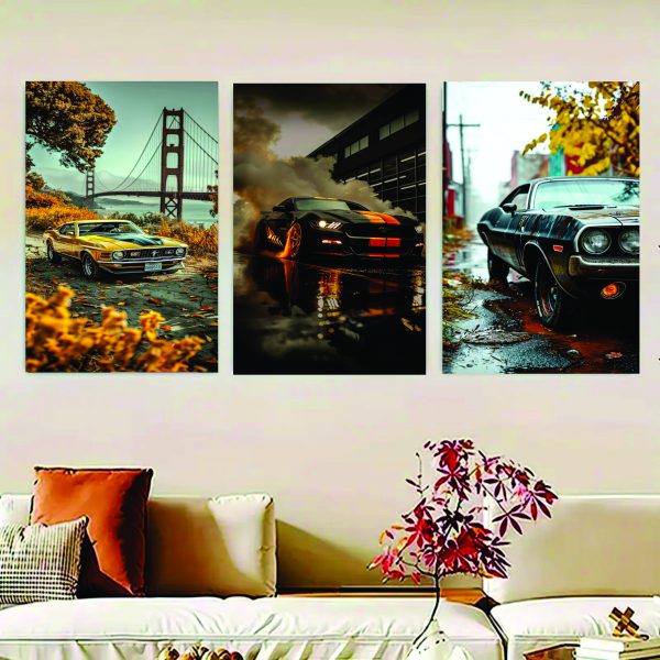 Set of 3 luxury car sticky canvas wall photo tiles – peel and stick wall décor