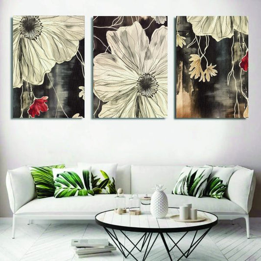 Set of 3 Abstract Floral Wall Art Wooden Frames – Sticky Canvas 8x11 Inches Home Decor for Living Room and Bedroom
