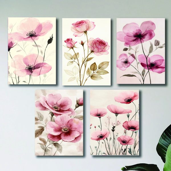 "Set of 5 Pink Floral Wooden Sticky Frames for Girls Room Wall Décor"