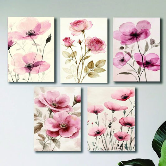 "Set of 5 Pink Floral Wooden Sticky Frames for Girls Room Wall Décor"