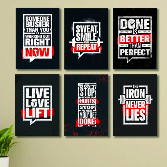 Set of 6 Gym Motivational Wall Art Frames – Sticky MDF Phototiles with Workout Quotes – 8x11 inches