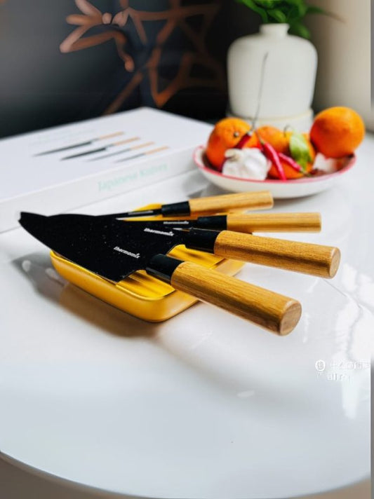 Thermomixer 4-Piece Japanese Knife Set with Self-Sharpening Stainless Steel Blades and Wooden Handles in Gift Box
