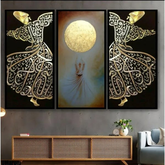 Customizable 3-Piece Sufi Dervish Canvas Wall Frames – 8x11 Inch Stickable MDF Art for Room Decoration
